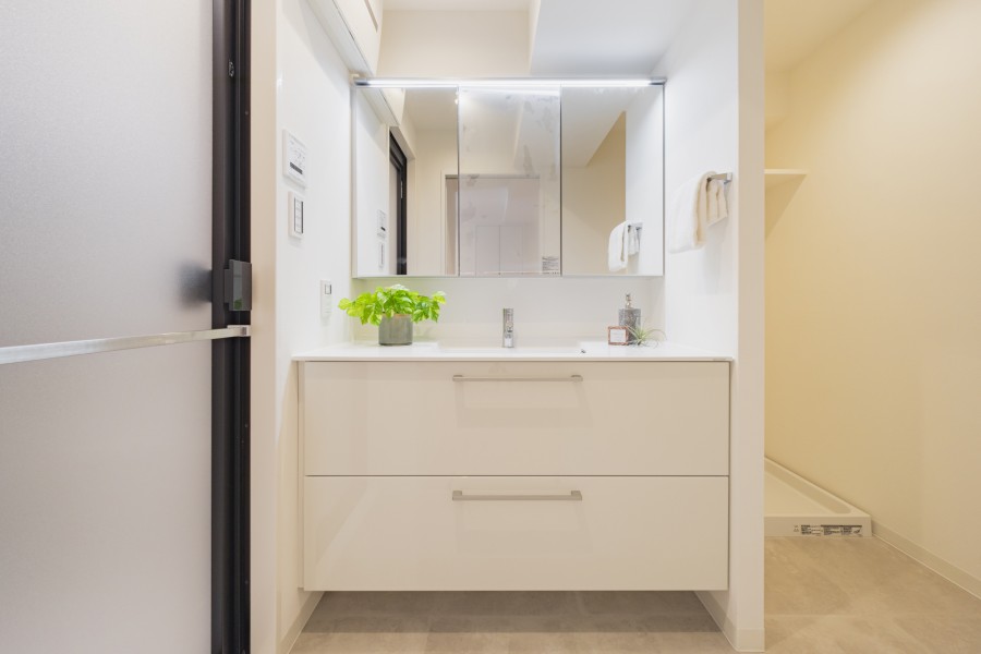 三面鏡裏や引き出し収納を備えた洗面化粧室です。散らばりやすい小物もしっかりと収納可能です。