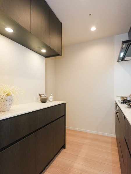 キッチン背面には機能性とデザイン性を兼ね備えたカップボードがあります。家電や食器等の収納に便利で、キッチンをすっきりとお使いいただけます