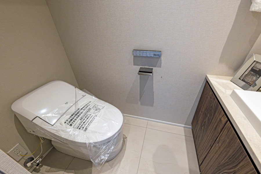 レストルームには洗練されたお部屋にぴったりなスタイリッシュなタンクレストイレが設置されています。手洗い場や収納に便利なカウンターも備え付けです。