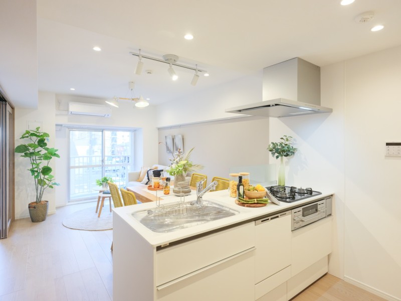 LIXIL製システムキッチン(食器洗浄乾燥機付)を新規設置。ホワイトの清潔感あるオープンキッチンは飽きずに長く使えるデザインと、使い勝手の良い機能を備えています。