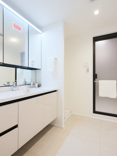 白を基調とした清潔感溢れるデザインの洗面化粧台です。扉には掘り込み取手を採用し見た目の美しさだけでなく、取手にぶつかることがない配慮もされています。