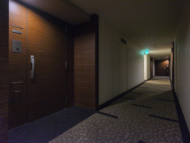 エレベーターを降りてお部屋へと続く廊下はホテルライクな内廊下設計です。外気の影響を受けにくく、プライバシーも守られやすいです。