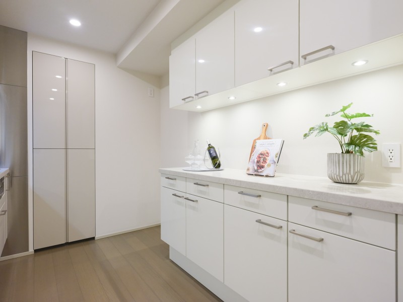 キッチン背面には収納力に優れたカップボードと広々としたカウンタースペースを備えています。奥にはパントリーもあり、キッチン用品をすっきりと収納できます。