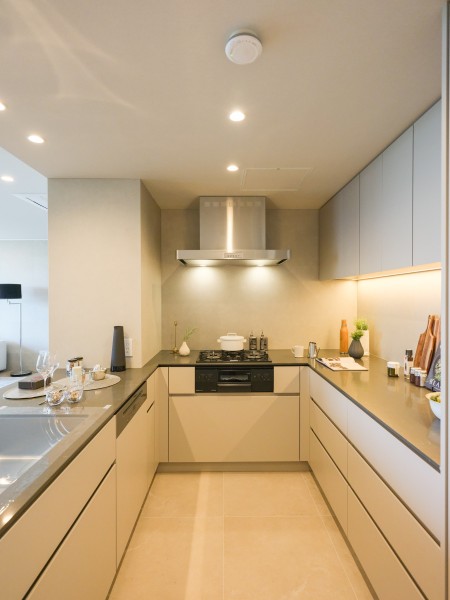 ラグジュアリーな田中工藝製オリジナルのキッチンです。ガラストップを採用した美しく、お手入れのしやすい仕様です。