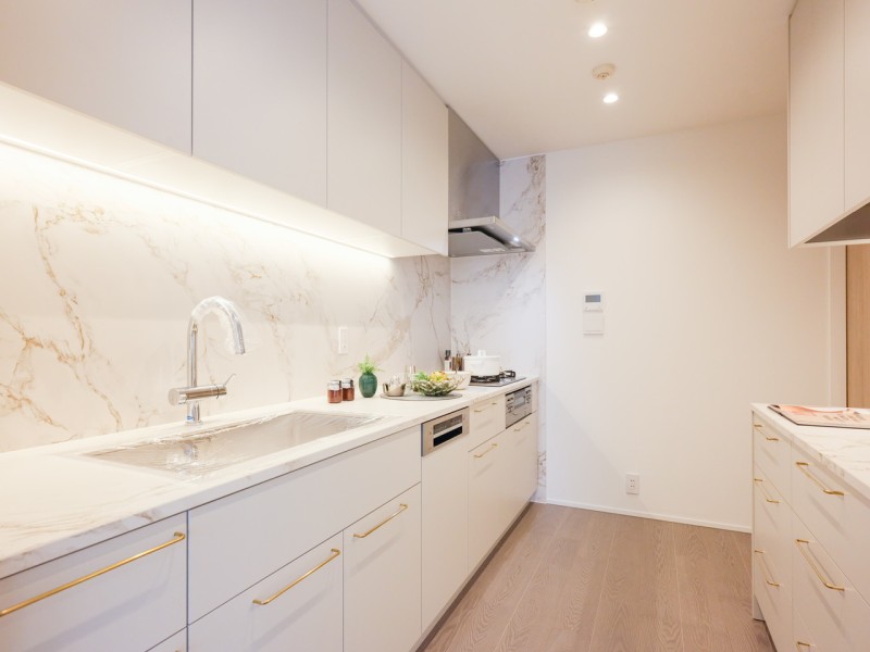 キッチンは住まいと暮らしにフィットするデザイン性と機能性を兼ね備えています。キッチン背面には収納豊富なカップボードを備え付けました。